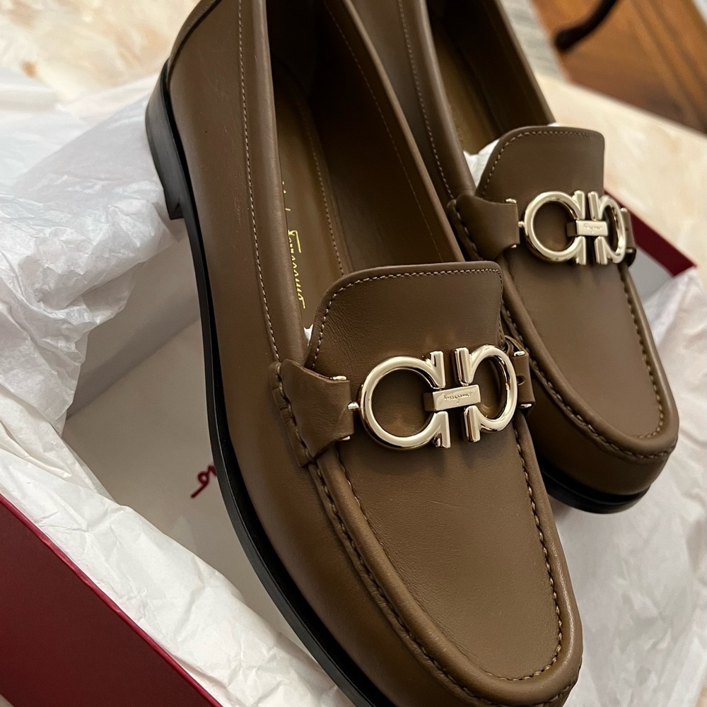 Salvatore Ferragamo Brown Loafers with Gold Buckle